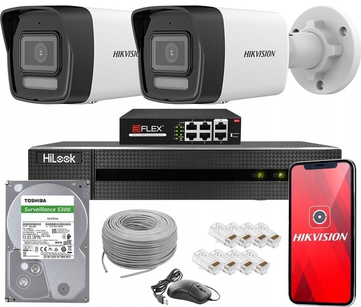 Sada 2 Kamer Hikvision Ip 4Mpx Dual Light PoE Ir/led 30M Nvr Disk 2TB