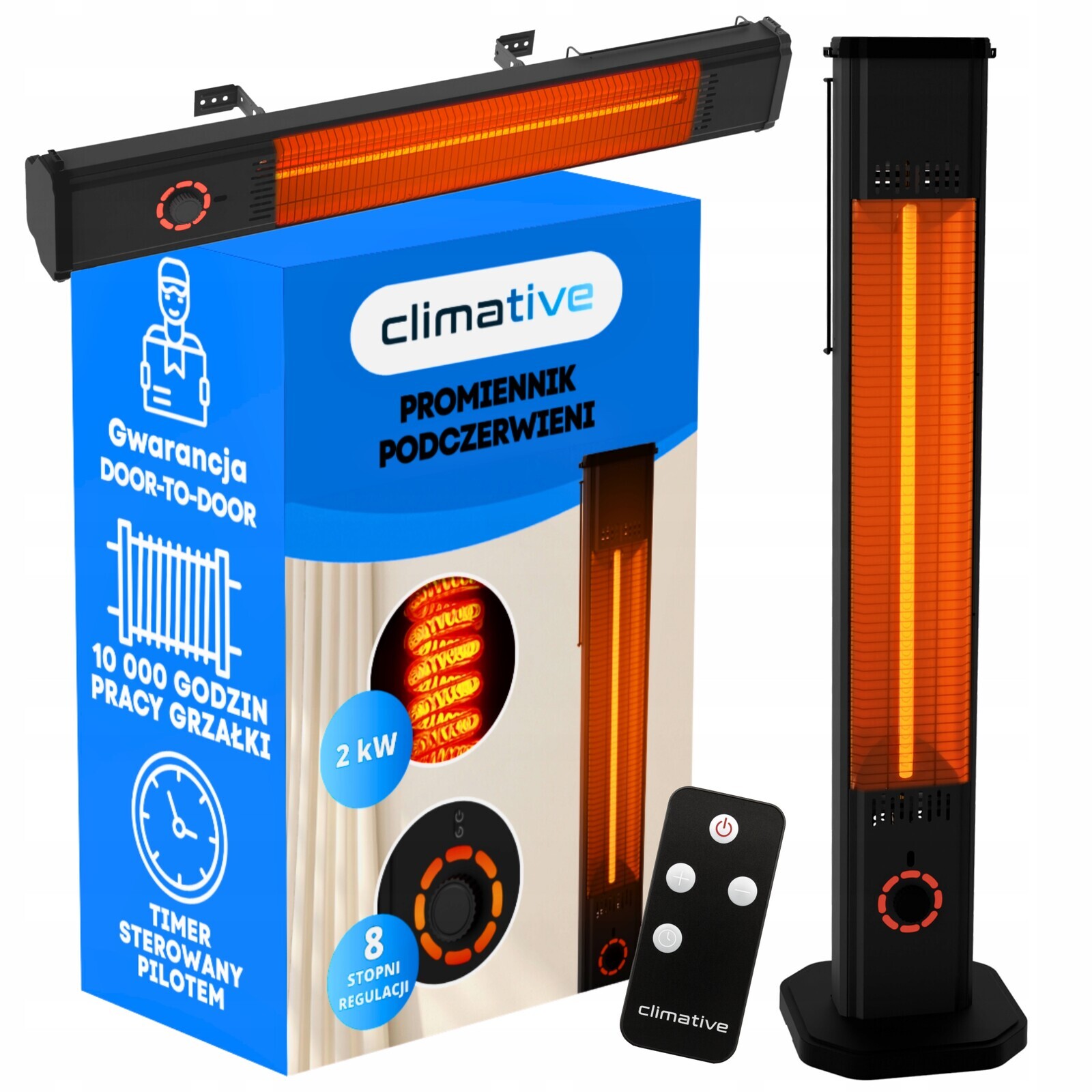 2v1 Infračervený tepelný terasový zářič Tor 8 úrovní 2000W dálkové ovládání