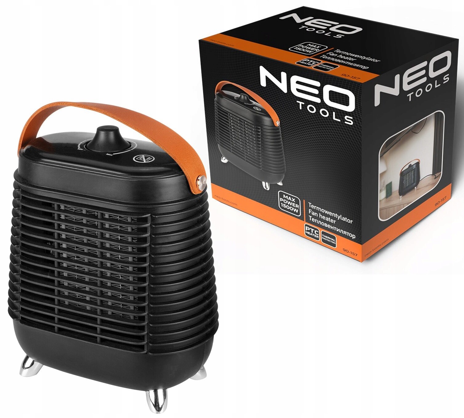 Moderní malý černý keramický termoventilátor 1500 W, tichý a bezpečný