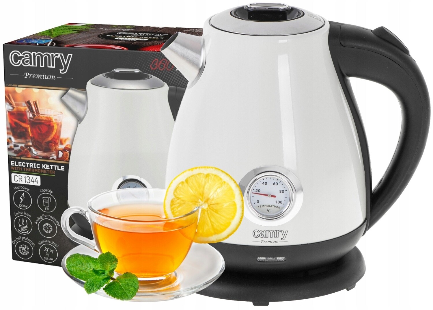 Elektrická bezdrátová kovová konvice s teploměrem 1,7 l 2200 W, bílá