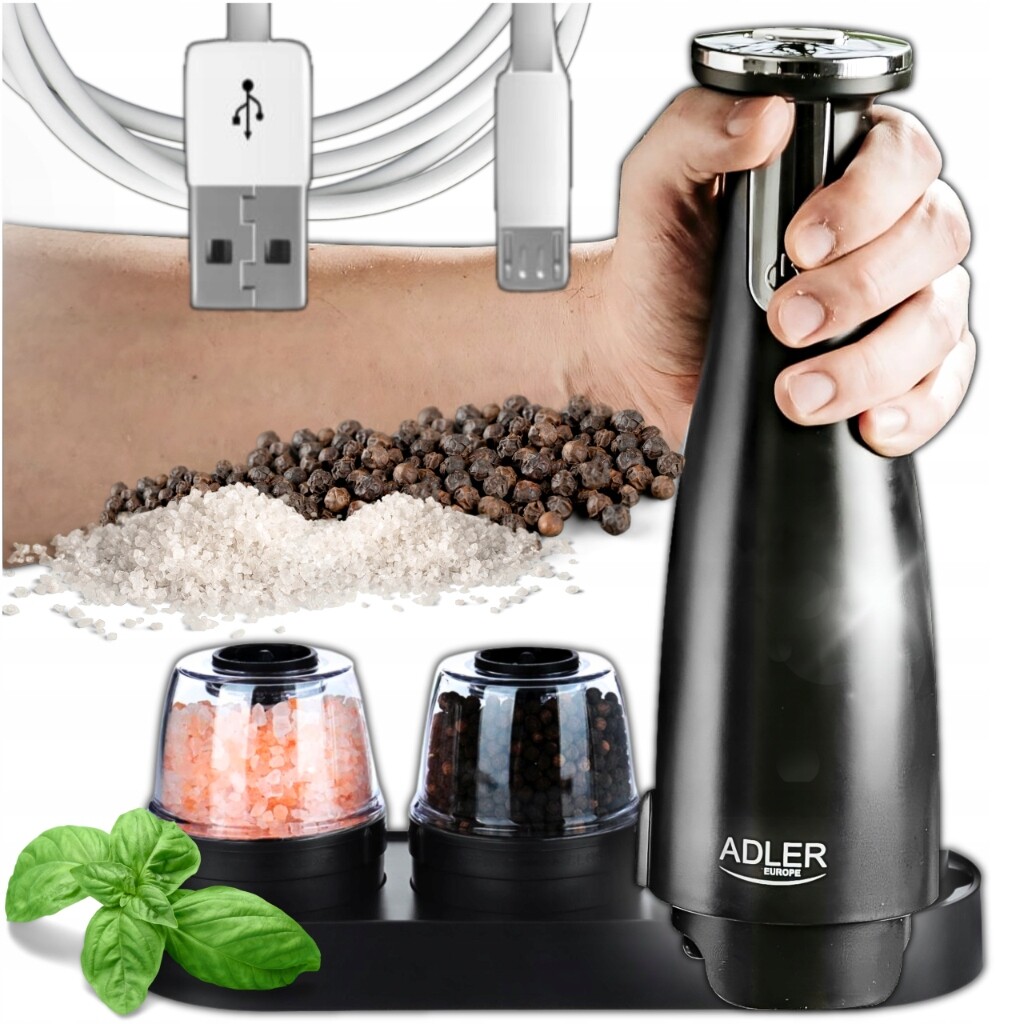 Elektrický mlýnek 3v1 Usb na koření pepřové soli Sada 3 mlýnků černá