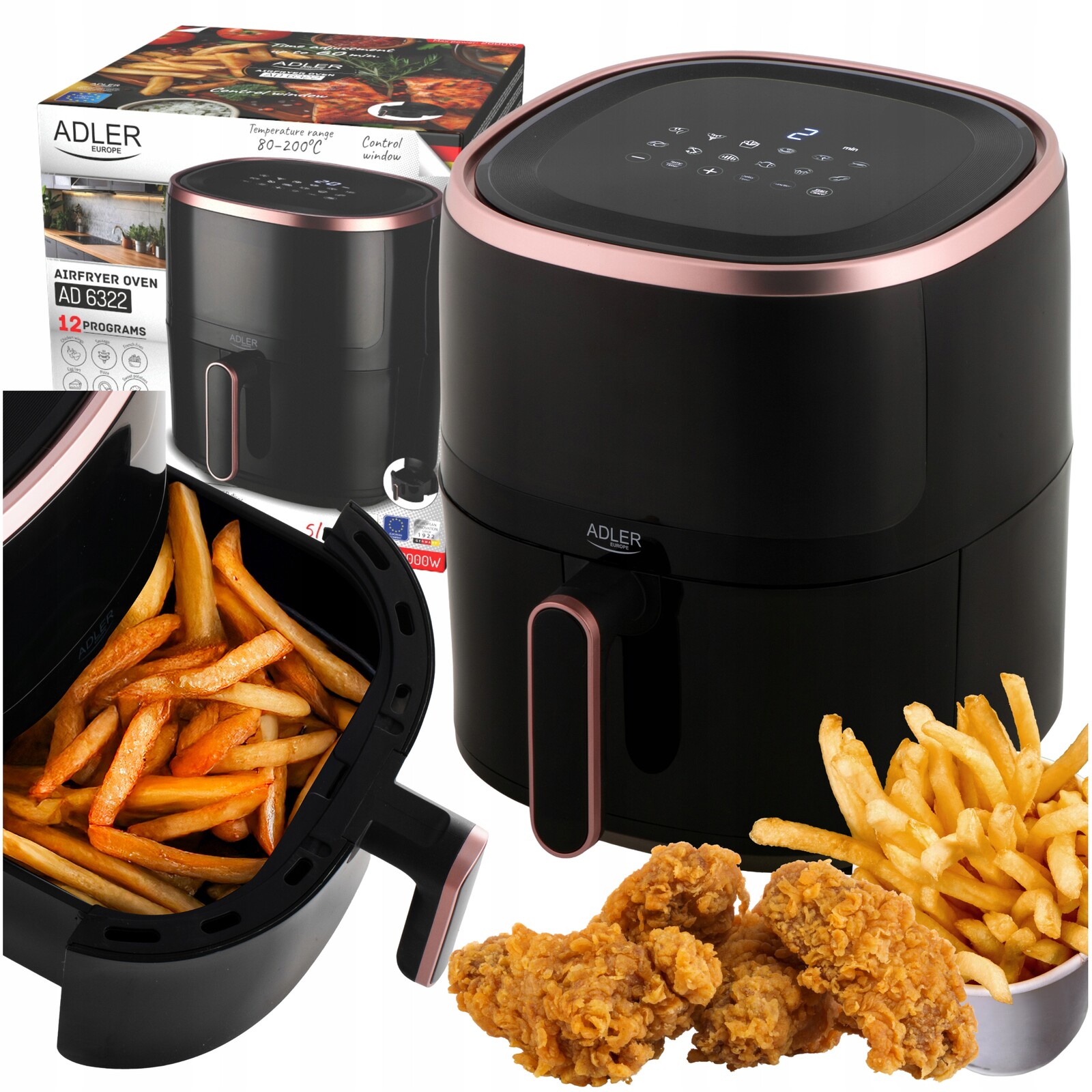 Beztuková fritéza AirFryer 12 programů 5L Led displej Adler