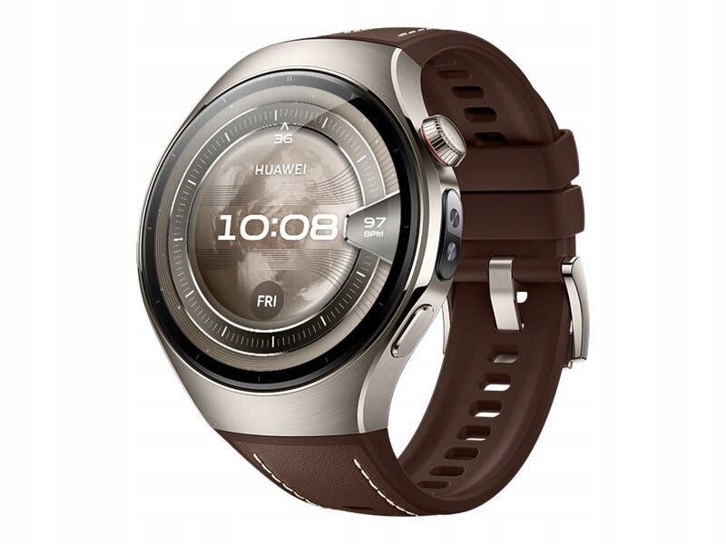 Huawei Watch 5 (46 mm), fluoroelastomerový hnědý klasický řemínek, kovové tělo, Rate