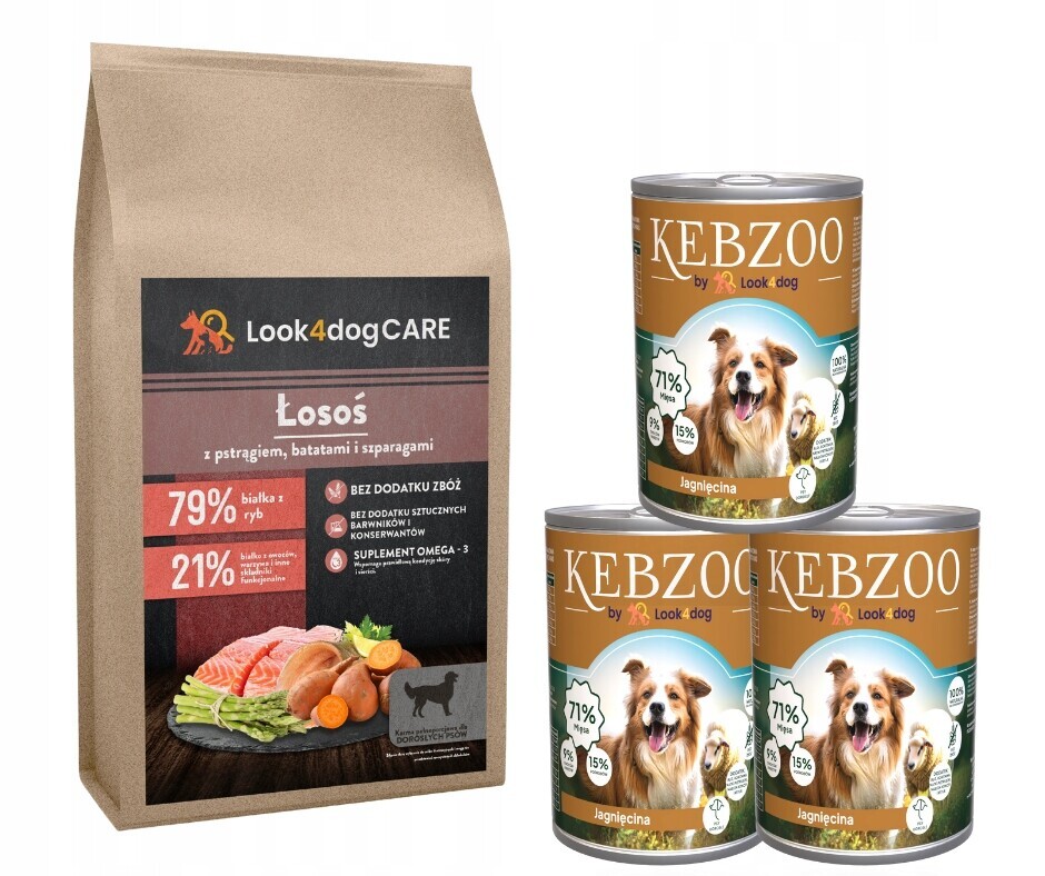 Krmivo pro psy Look4dog Care losos Kebzoo Jehněčí 86% 3x400g