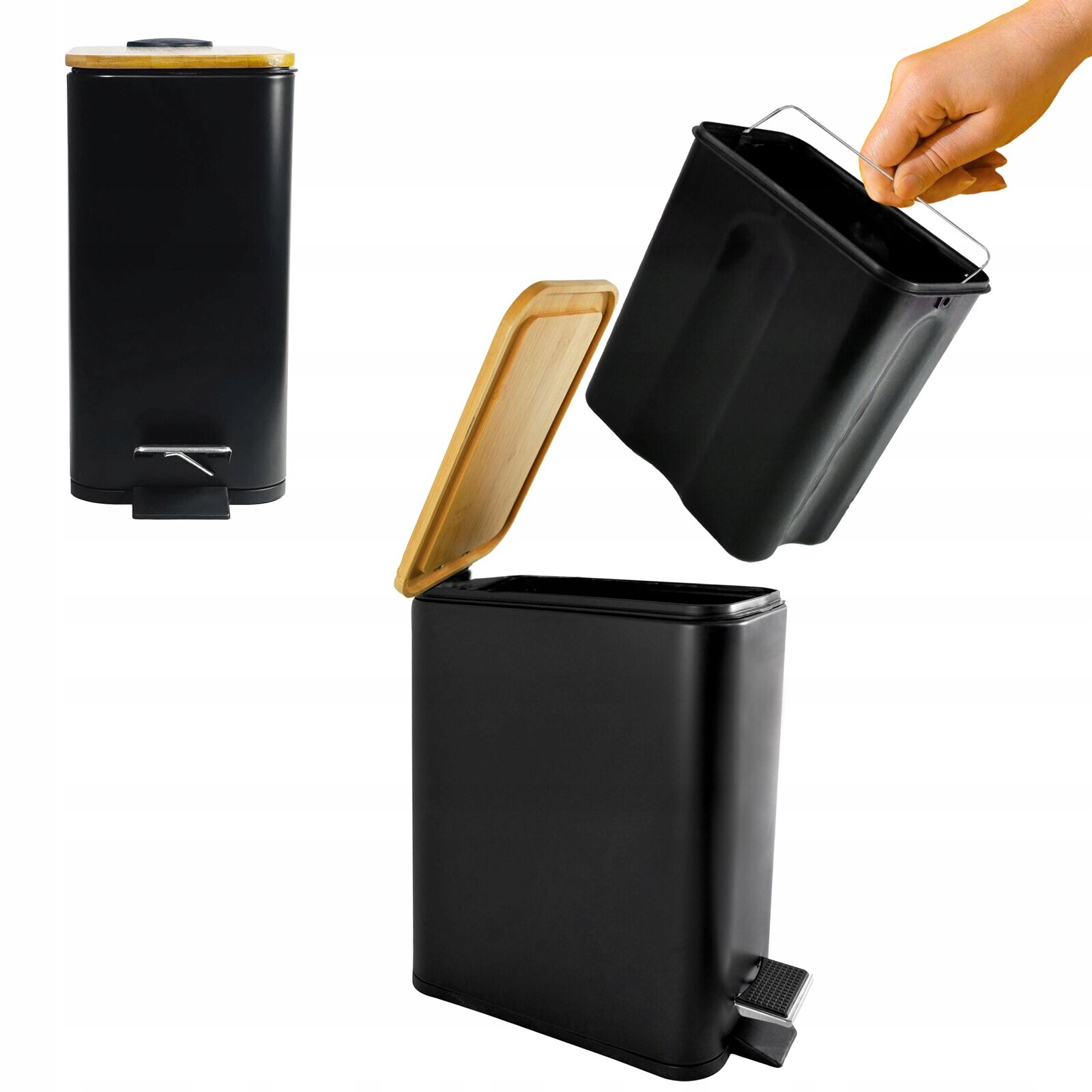 Odpadkový Koš 6L Černý Obdélníkový Bambusový, Ocelový, Odolný