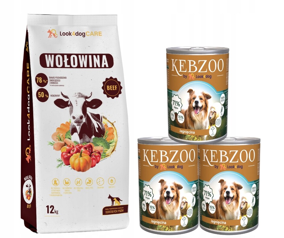 Krmivo pro psy Look4dog Care hovězí Kebzoo jehněčí 3x400g