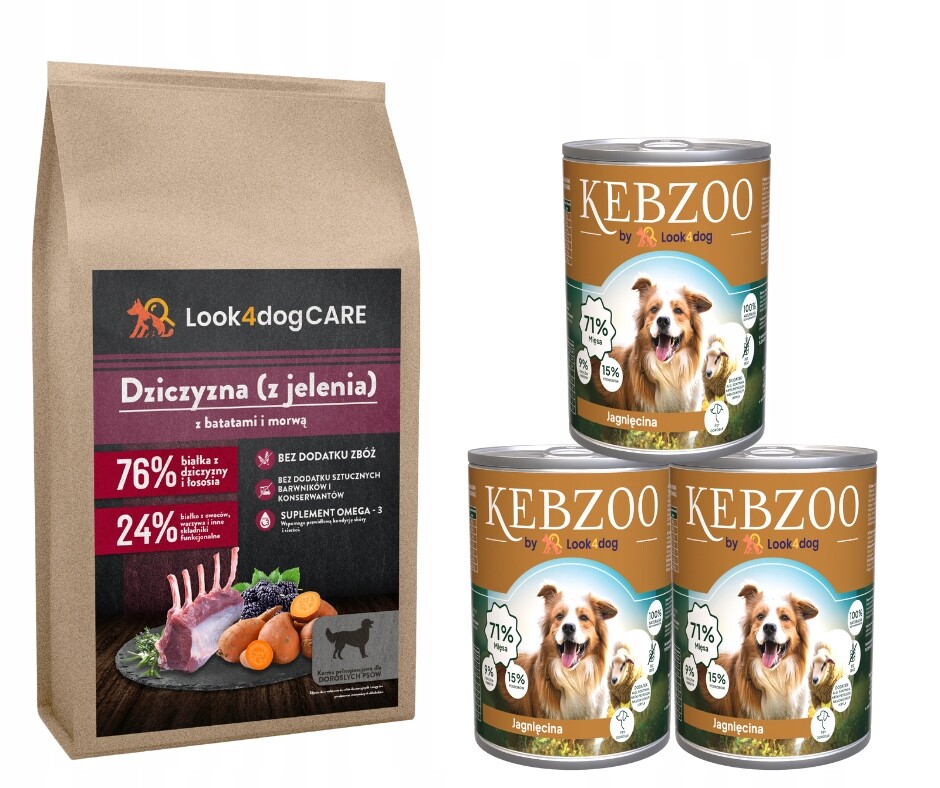 Krmivo pro psa Look4dog Care Jelen 6 kg Kebzoo jehněčí 86% 3x400 g