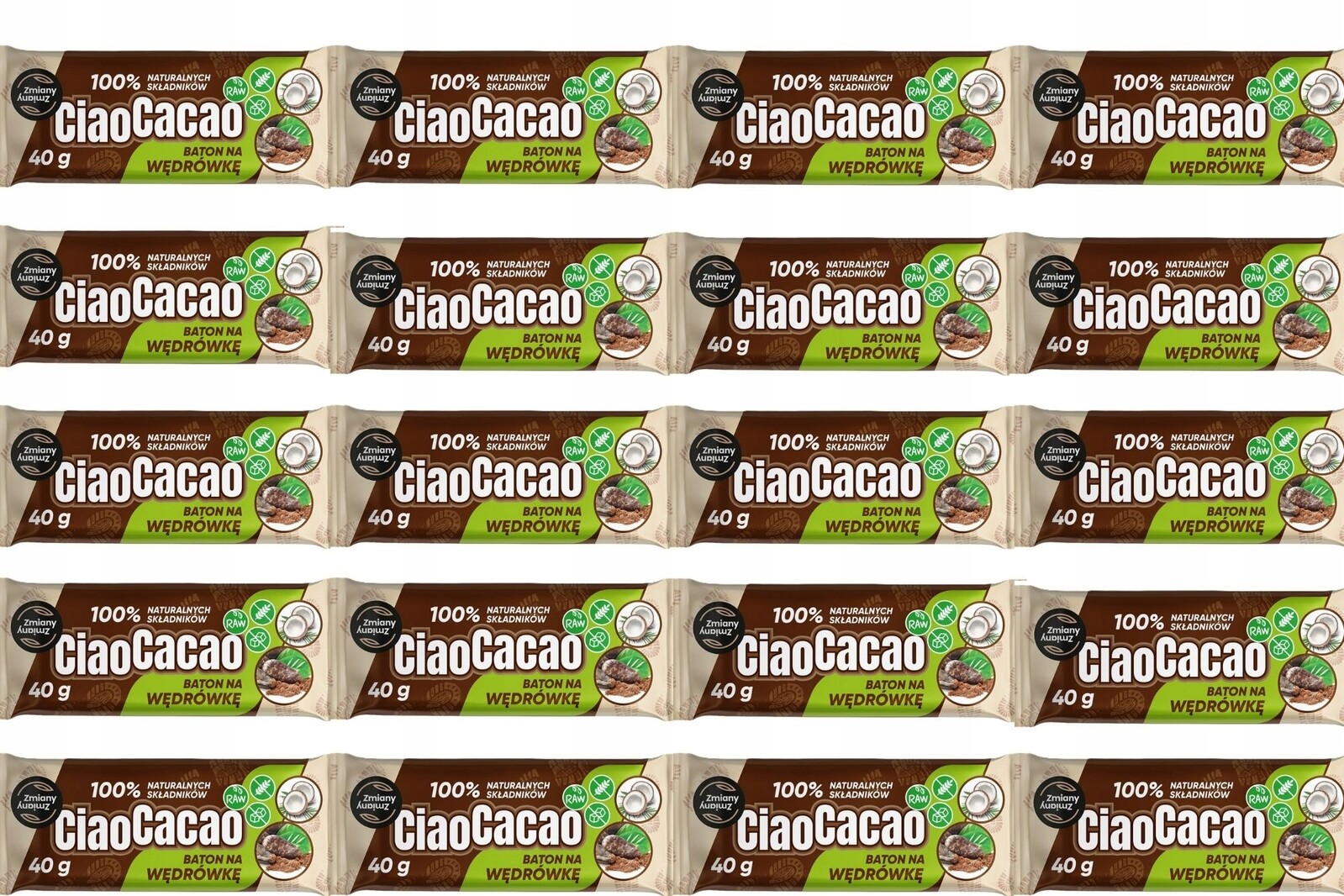 Sada 20 x čokoládová tyčinka s kokosem Ciao Cacao bez cukru 40 g