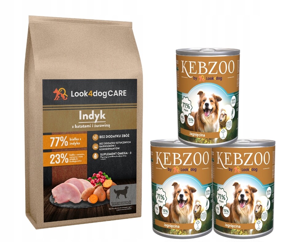 Krmivo pro psy Look4dog Care Krůta 6 kg Kebzoo jehněčí 3x400 g