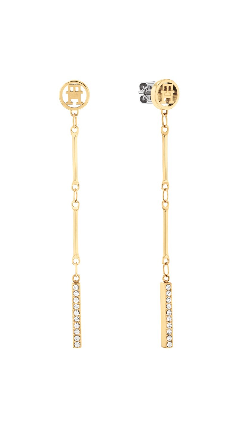 Tommy Hilfiger Visací pozlacené náušnice se zirkony Bar Chain 2781002