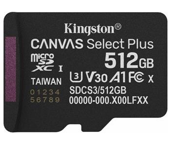 Kingston paměťová karta 512GB Canvas Select Plus Gen 3 microSDXC 150R A1 C10 Card, bez adaptéru