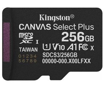 Kingston paměťová karta 256GB Canvas Select Plus Gen 3 microSDXC 150R A1 C10 Card, bez adaptéru