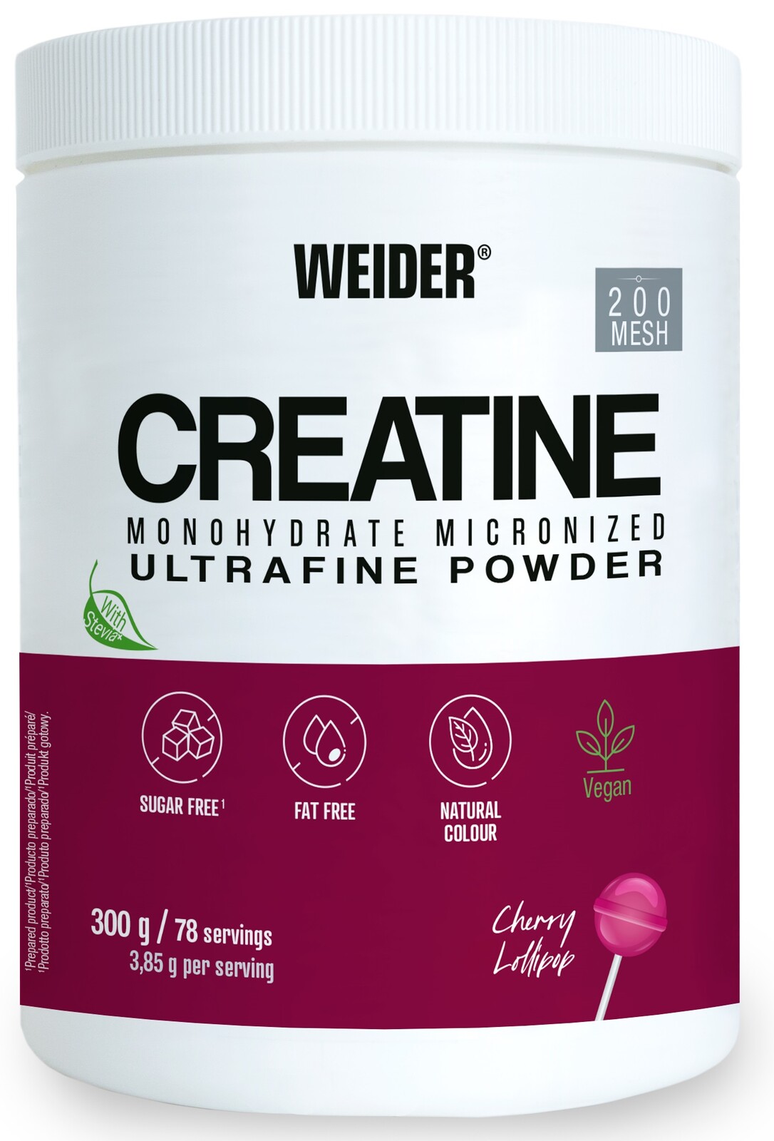 Weider Creatine Monohydrate 300 g, kreatin v sypké formě s příchutí třešňového lízátka, Cherry Lollipop