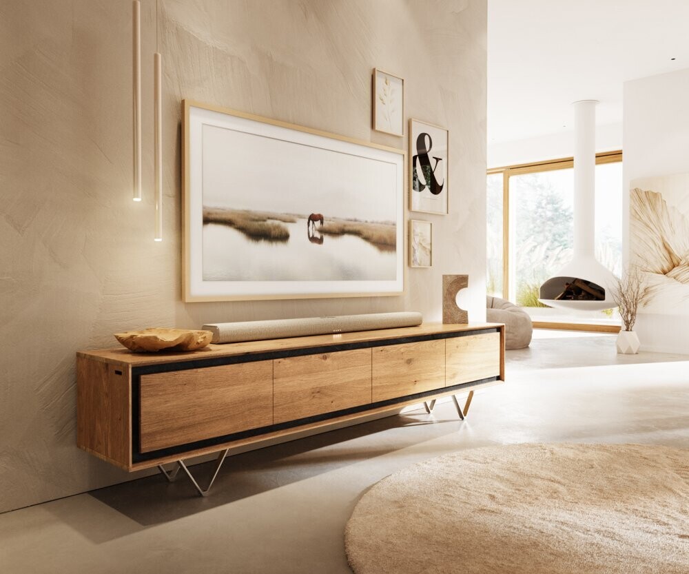 TV stolek Stonegrace 200 cm přírodní dub 4 dvířka kamenná dýha podnož