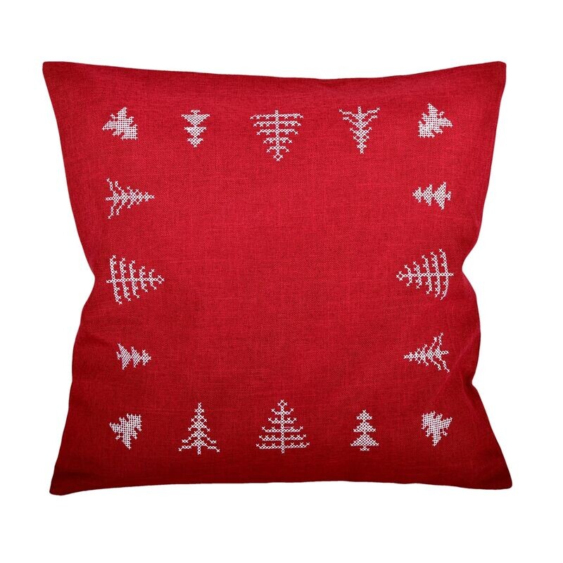 Návlek na polštář, Vyšívané stromečky, červený , 40 x 40 cm