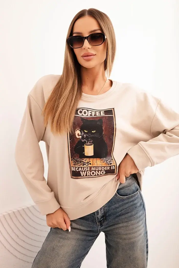 Kesi Włoski Dámská bavlněná mikina s potiskem kočky a nápisem béžová