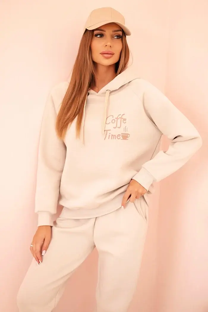 Polski Dámský bavlněný zateplený komplet s potiskem béžový