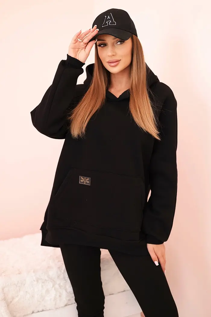 Polski Dámský komplet bavlněný mikina s kapucí a legíny s vysokým pasem černý