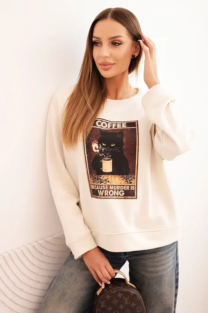 Kesi Włoski Dámská bavlněná mikina s potiskem kočky a nápisem světlá béžová