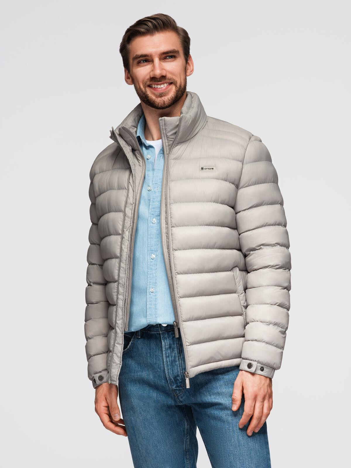 Ombre Men's classic quilted jacket with stand-up collar - light grey