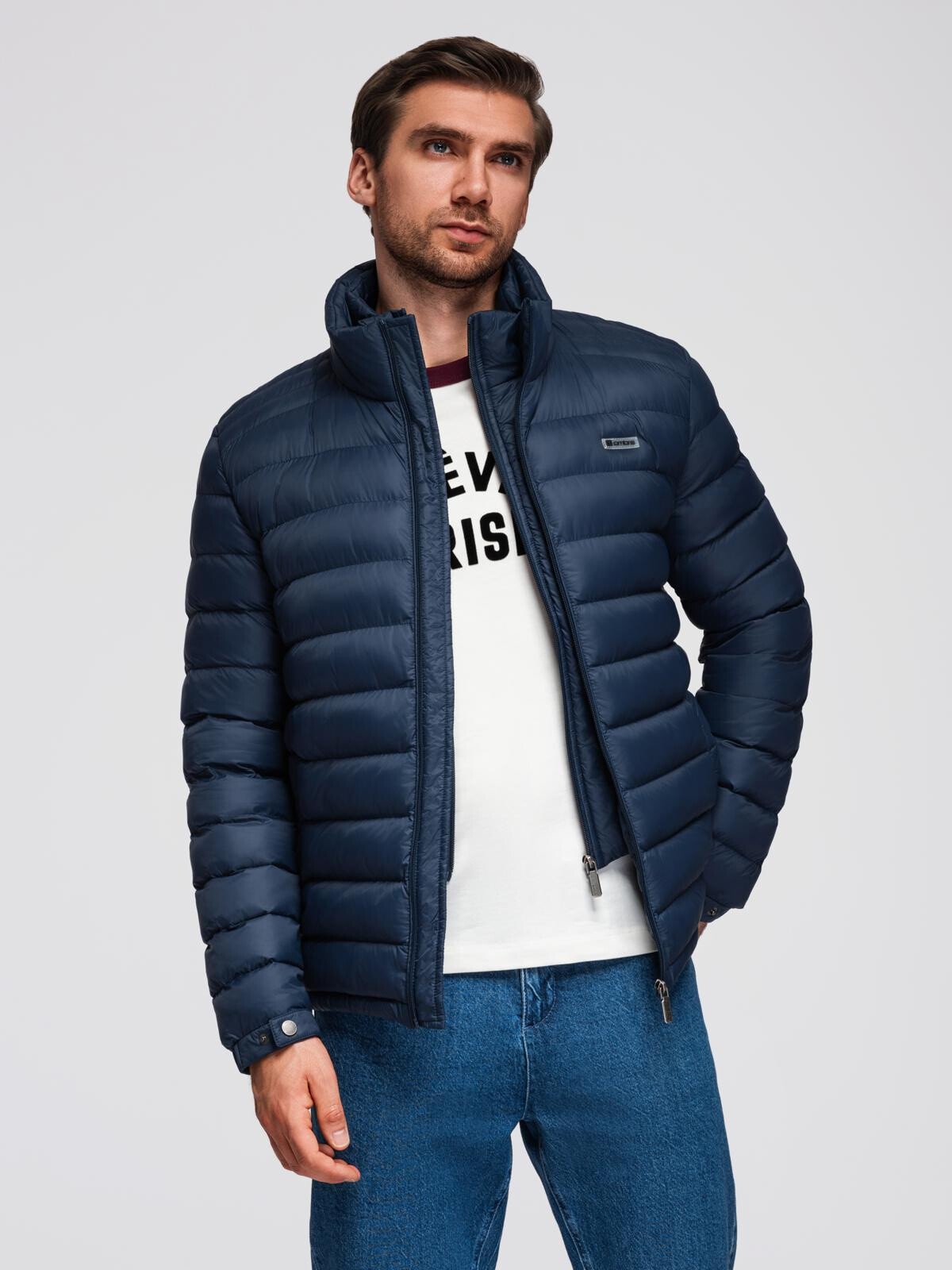 Ombre Classic men's quilted jacket with stand-up collar - navy blue