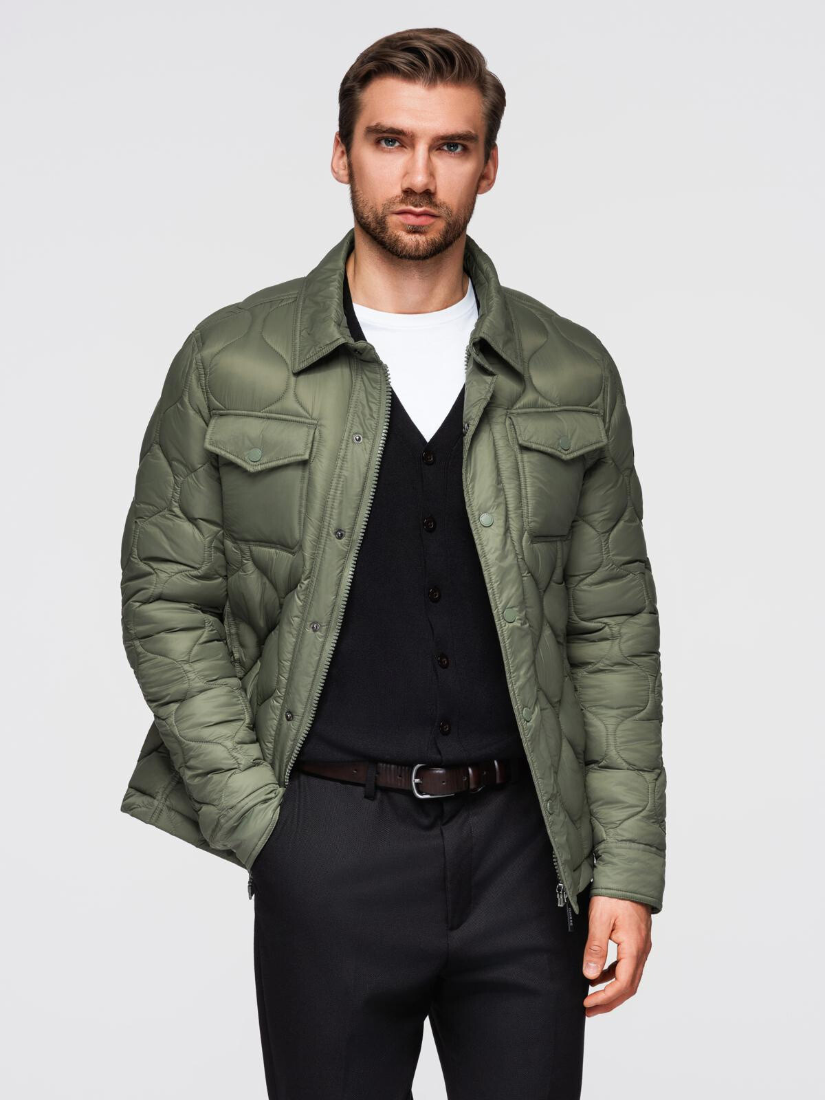 Ombre Men's quilted jacket in shirt cut - olive