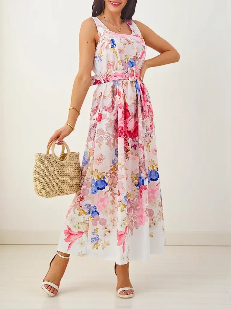 Resti Women's viscose midi dress with straps, with a belt in various flowers