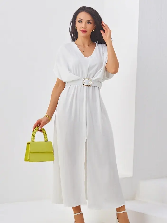 Resti Women's midi dress with short sleeves, V-neck and front slit
