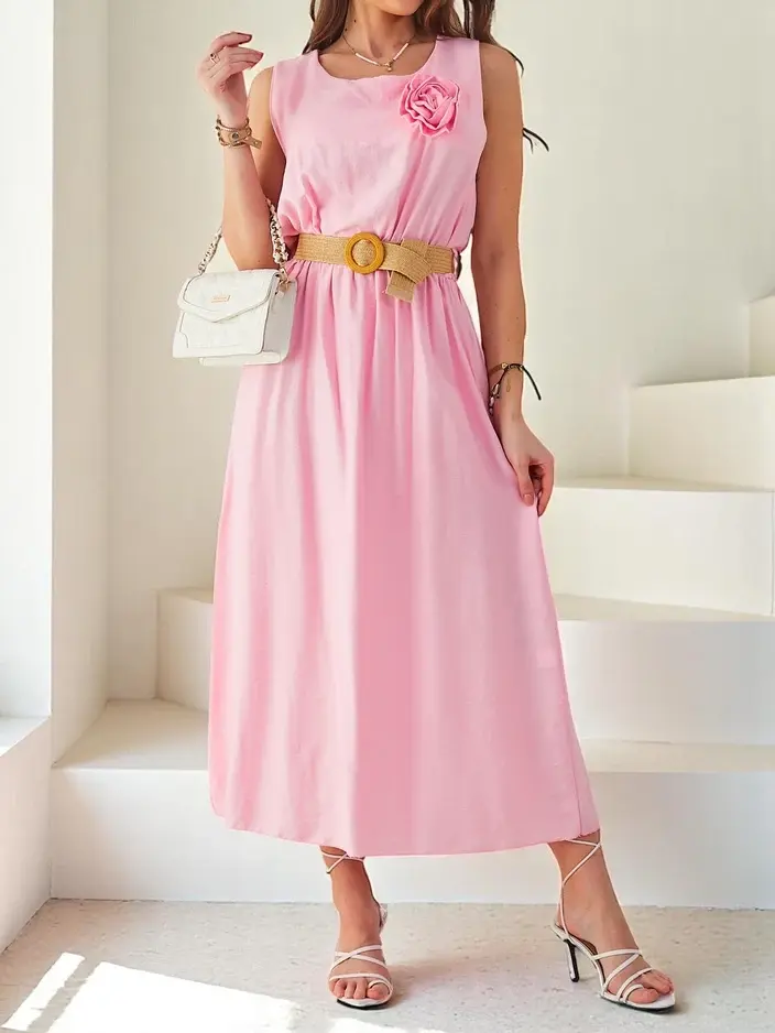 Resti Women's midi dress with straps, featuring a round neckline with a decorative flower