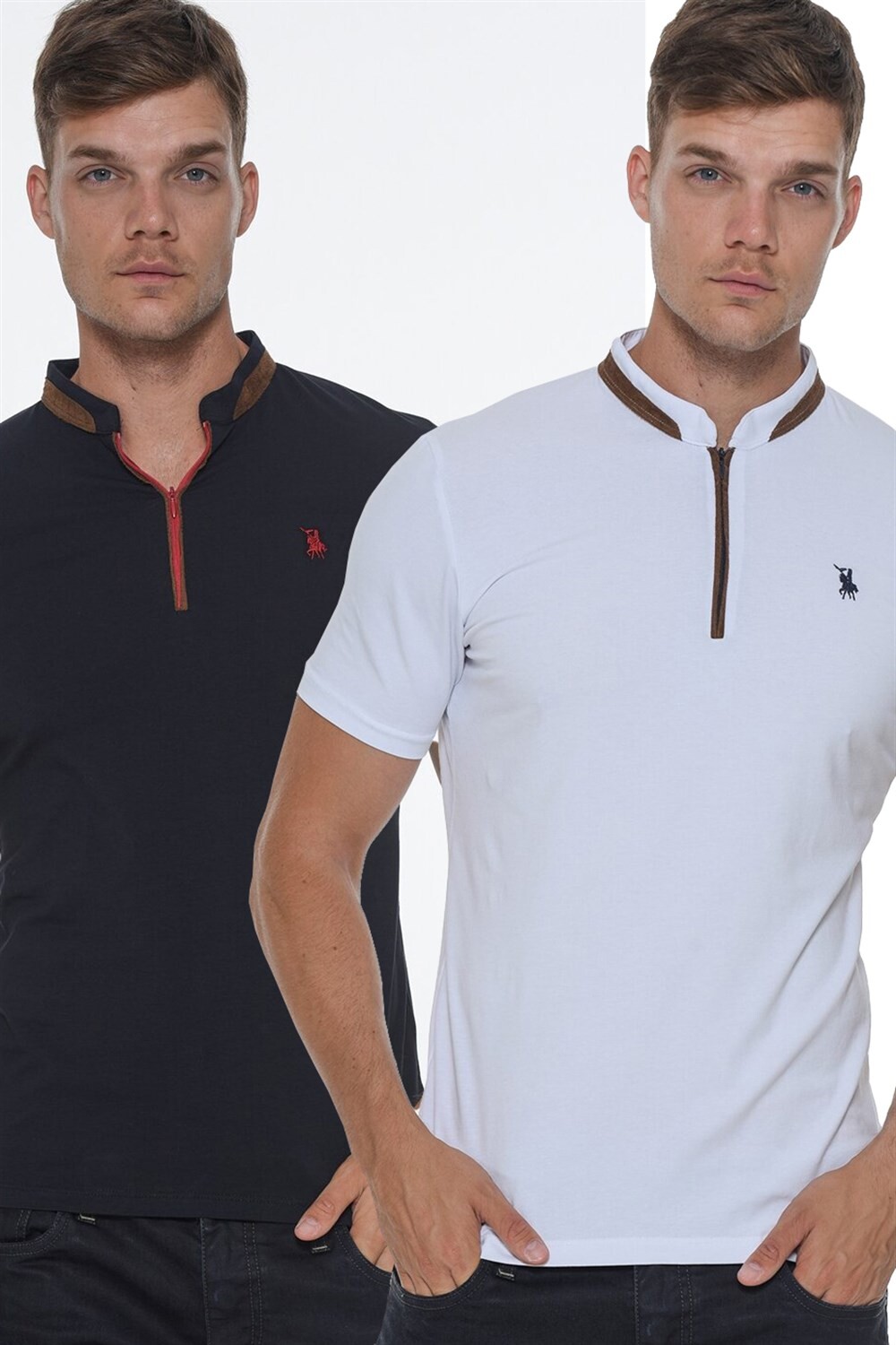 DOUBLE SET T8571 DEWBERRY ZIPPERED MEN'S T-SHIRT-WHITE - NAVY BLUE