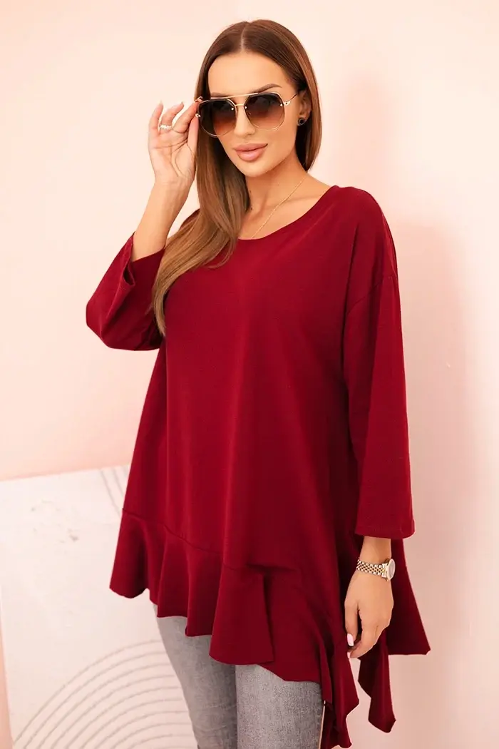 Kesi Włoski Dámská blůza Plus Size s bavlnou, volánem a ohrnovacími rukávy bordová