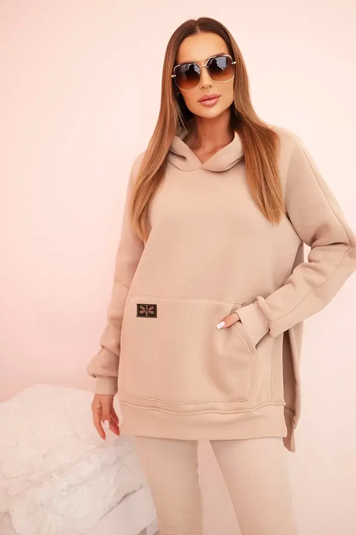 Polski Dámská bavlněná souprava s kapucí a legíny s vysokým pasem béžová