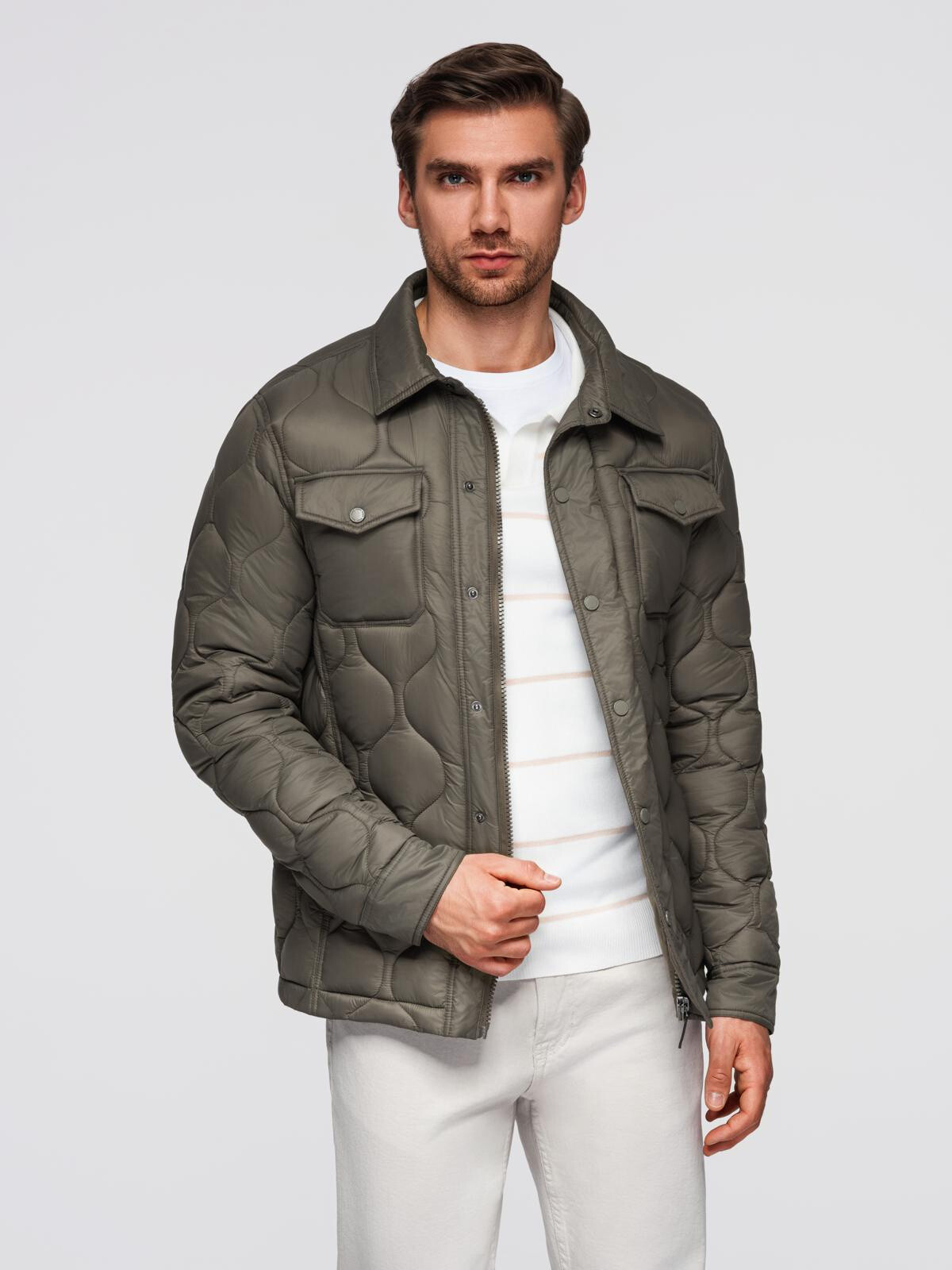 Ombre Men's quilted jacket in shirt cut - light brown