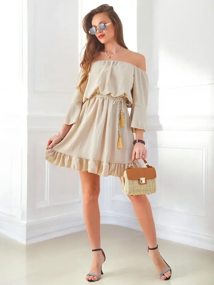 Resti Women's mini dress off-the-shoulder with long sleeves and rhinestones