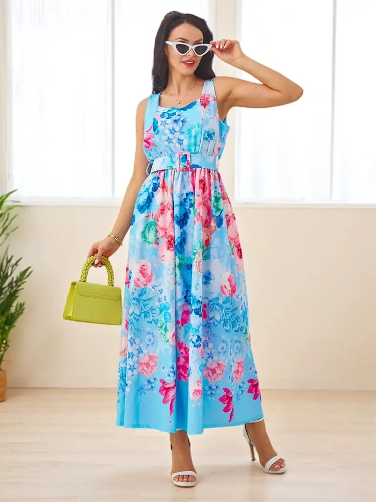 Resti Women's viscose midi dress with straps, featuring a belt in various floral patterns