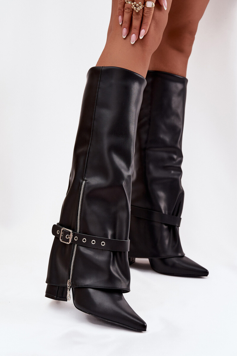 Boto Dámské kozačky na klínku s ozdobným páskem eko kůže černé Jolivine