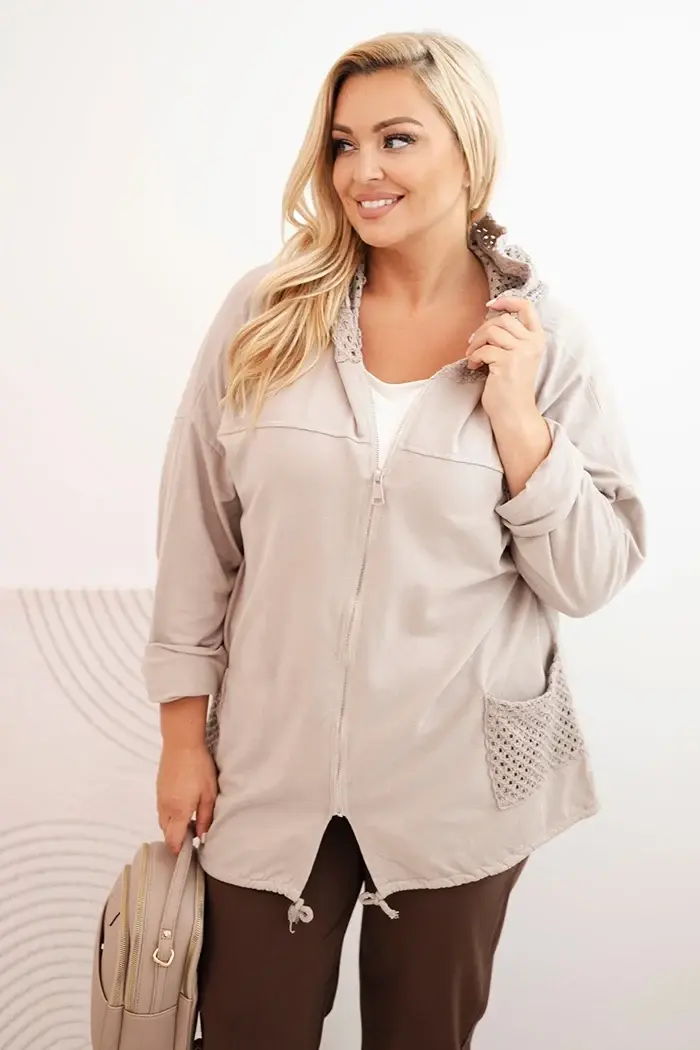 Kesi Włoski Dámská mikina Plus Size bavlněná oversize s dlouhým rukávem béžová