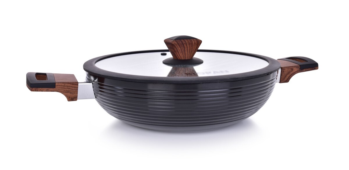 Pánev WOK Ø 28 cm s poklicí BIOPAN® WOODOO, s rukojetí soft touch v imitaci dřeva objem 3600 ml