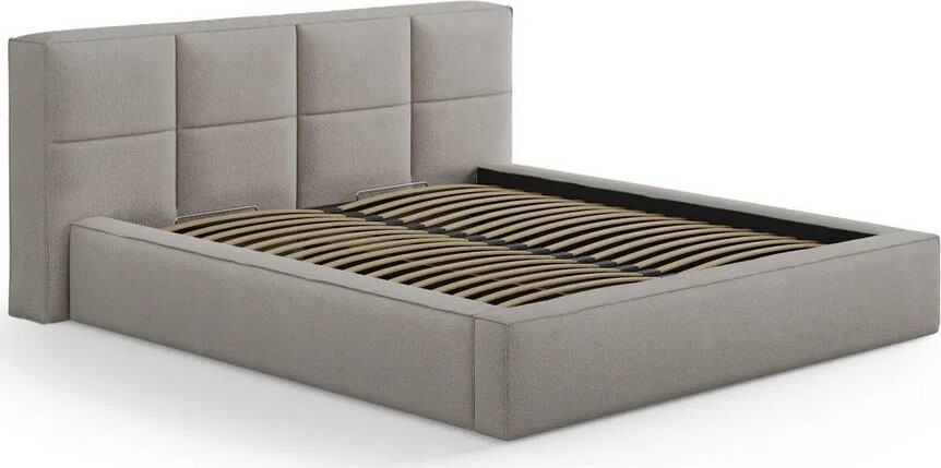 Světle šedá čalouněná dvoulůžková postel s úložným prostorem s roštem 160x200 cm Simon Darren – Micadoni