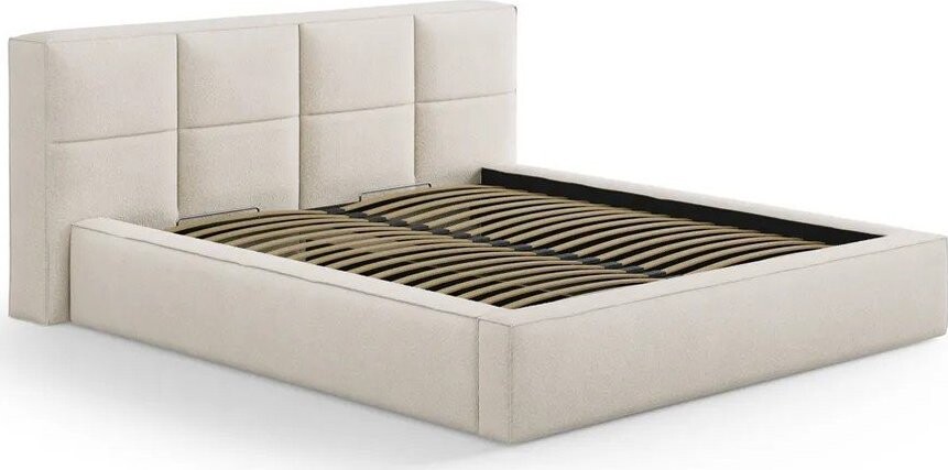 Krémová čalouněná dvoulůžková postel s úložným prostorem s roštem 200x200 cm Simon Darren – Micadoni