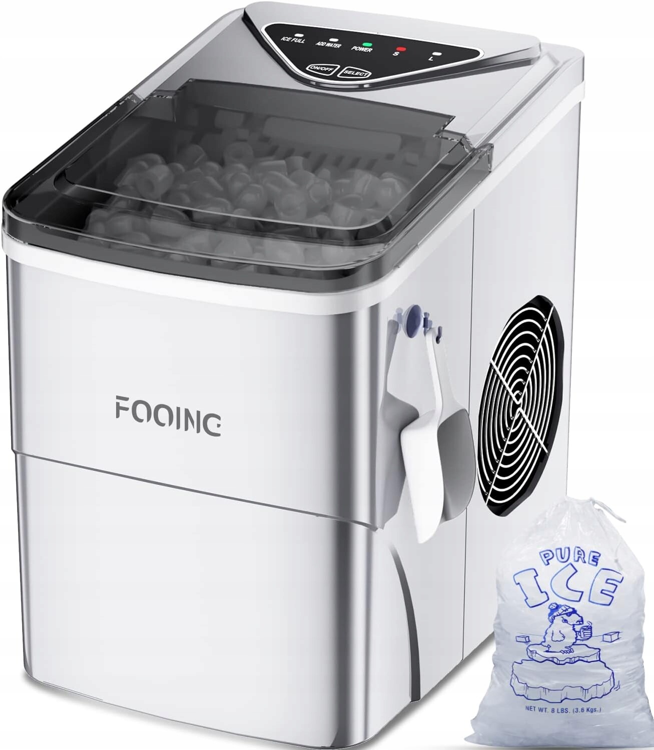 Výrobník ledu, Světlé kostky, samočistící, přenosný, 100 W, stříbrný