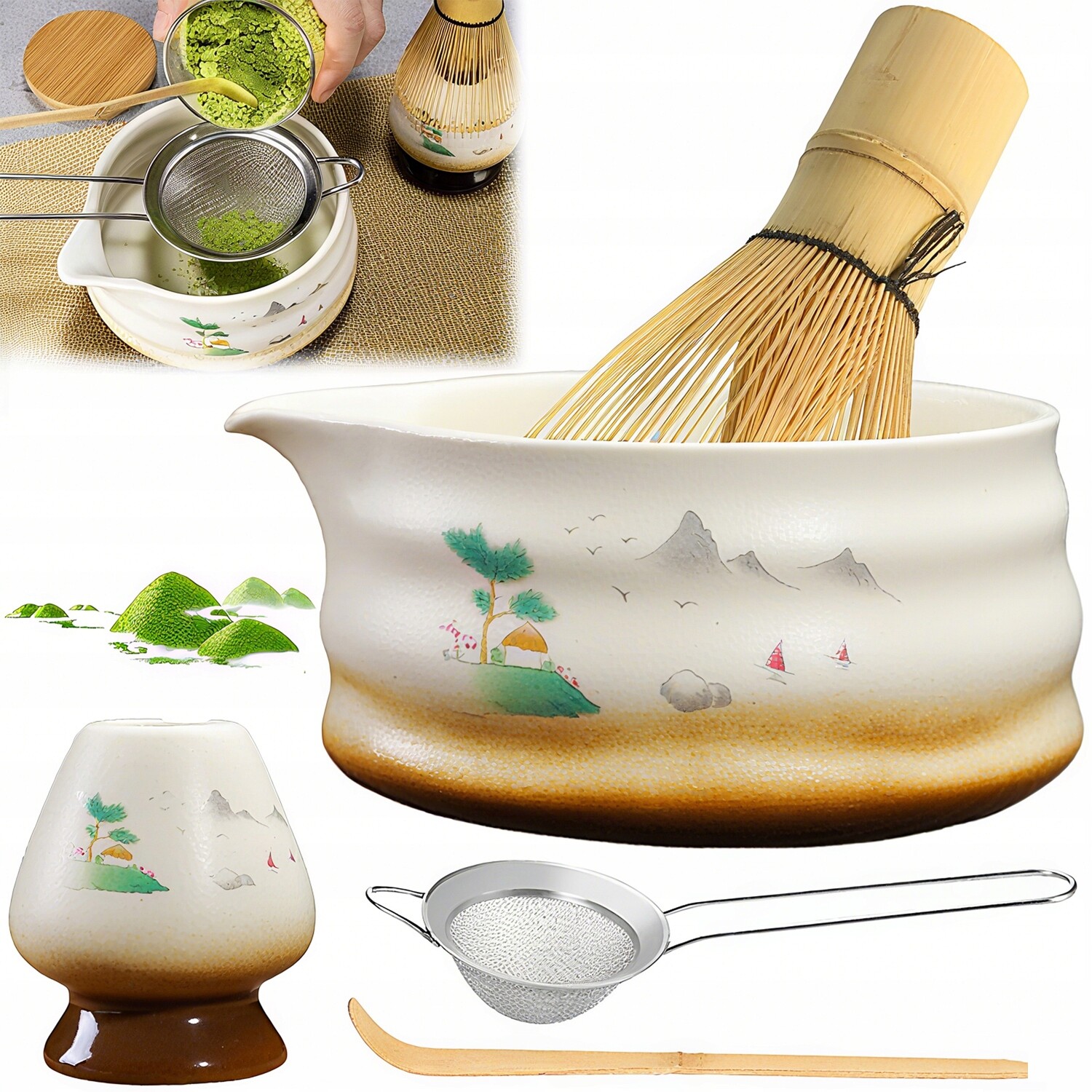 Japonská sada Matcha s keramickou čepicí a stojanem na příslušenství Heraciane