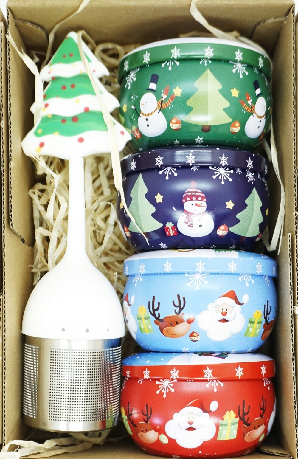 Vánoční Set 4 čajů v barevných plechovkách a spařovací jednotka jako dárek