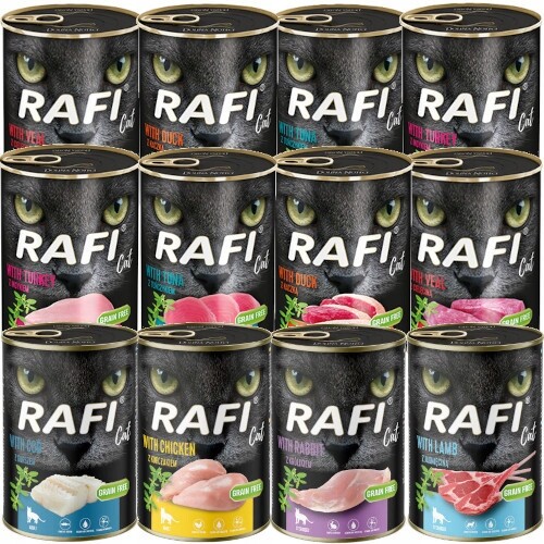 Rafi Pro Kočky Krmivo Směs 8 Příchutí 24 x Konzerv x 400g Bez Obilovin