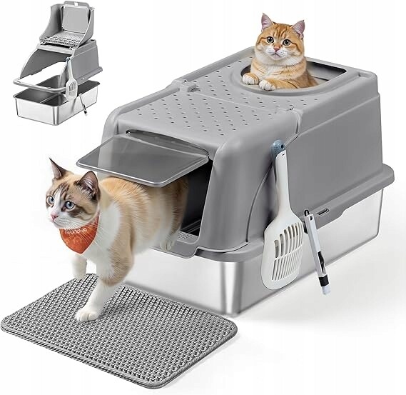 Ocelová velká XL toaleta pro kočky uzavřená 61 cm x 41 cm x 36,5 cm šedá