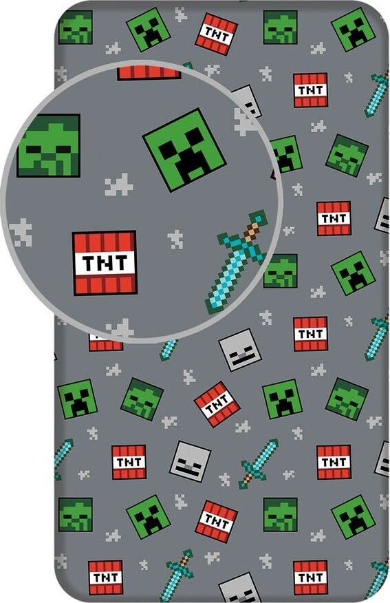 Šedé napínací bavlněné dětské prostěradlo na jednolůžko 90x200 cm Minecraft