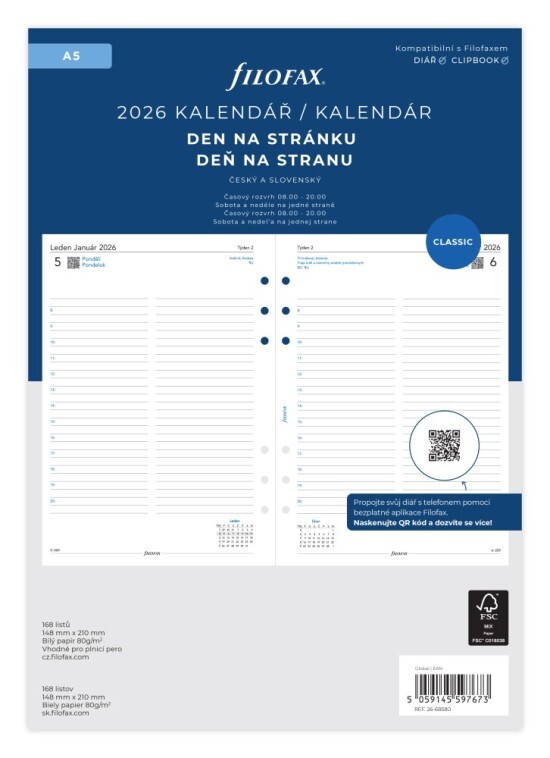 Kalendář do diáře Filofax 2026 - A5 - denní - na 1 stranu, linky - 6858026 - Filofax
