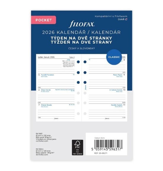 Kalendář do diáře Filofax 2026 - kapesní - týdenní - na 2 strany, linky - 6827126 - Filofax