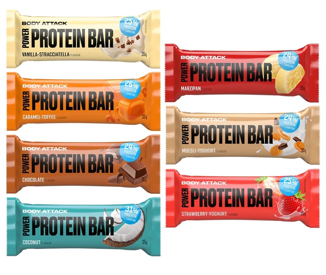 Body Attack Power Protein Bar 35g, proteinová tyčinka s vitamíny a l-karnitinem, Caramel Toffee