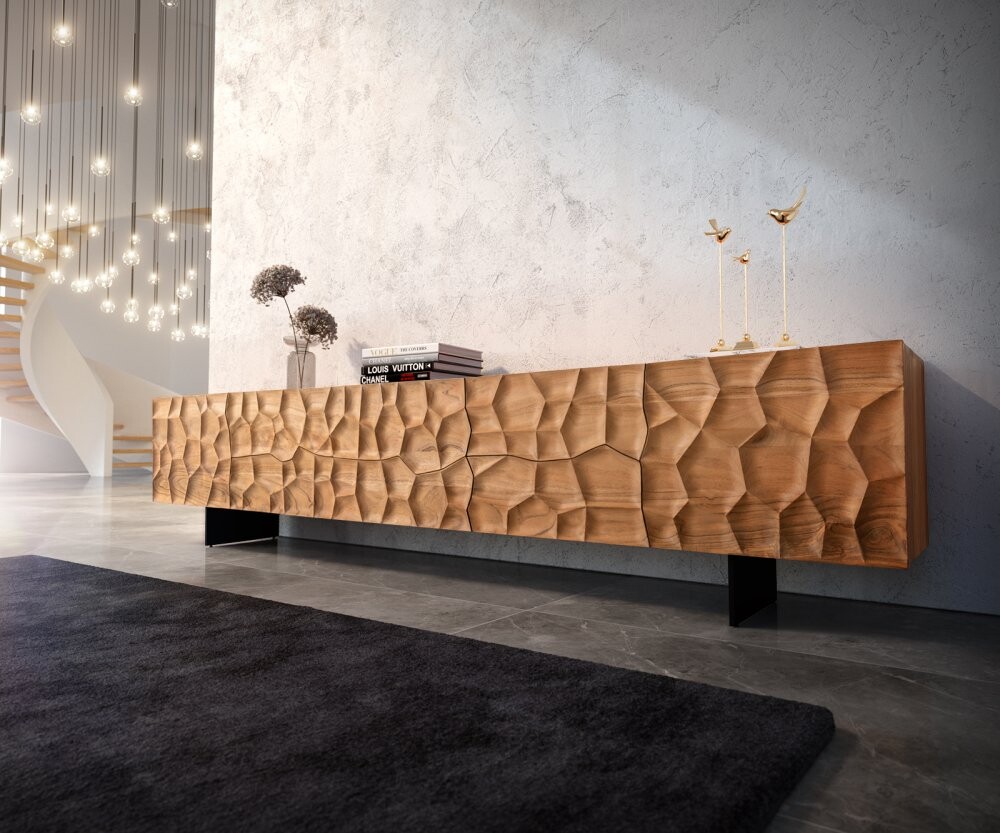 TV stolek Solu 260 cm akácie přírodní 2 dvířka 6 zásuvek závěsná